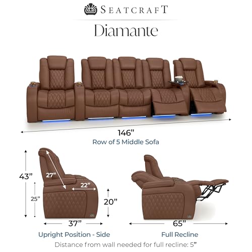 Image of Seatcraft Diamante Tobacco Italian Leather Home Theater Seating, Zero Gravity Power Recliner Gaming and Home Office Chair, Powered Headrest Lounge Sofa Furniture for Cinema Room, Row of 5 Middle Sofa