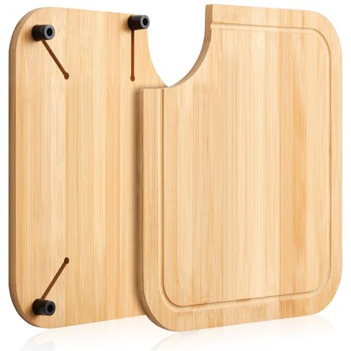 Ziliny Rv Sink Cutting Board, 14.5' x 12.5' Sink Cover Cutting Board with Adjustable Rubber Feet Compatible with Most Rv Boat Kitchen Sinks, Built in Juice Groove and Corner Cut for Scraps (Bamboo)