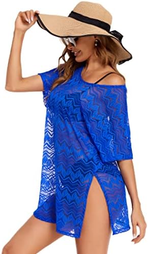 AOLRO Women’s Swimsuit Cover Up Bathing Suit Coverup Short Sleeve Beach Shirt Dress for Swimwear