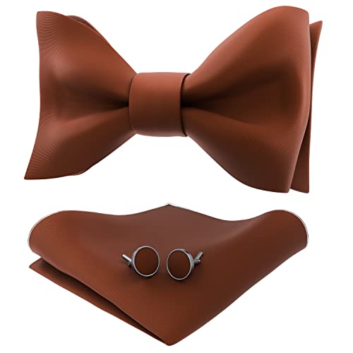 Adam Young Mens Twill Brown Self Tie Bow Tie with Pocket Square & Cufflinks Formal Coffee Satin Classy Bowtie for Tuxedo Faux Silk (Classic Brown)
