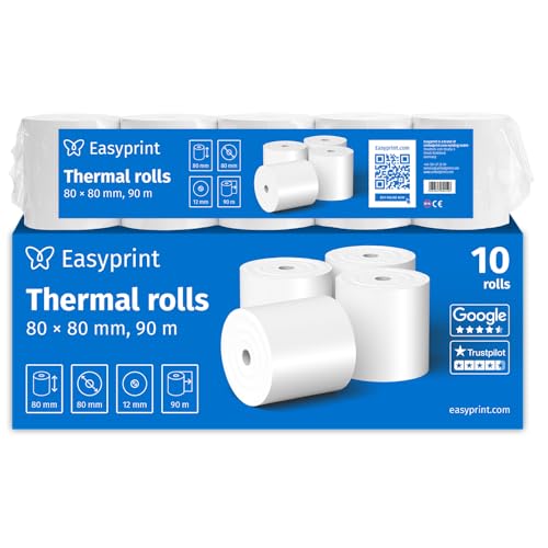Nowość: Easyprint rolki termiczne/rolki kasowe, 10 rolek, 80 mm x 80 mm x 12 mm, 90 m, certyfikat PEFC, certyfikat środowiskowy, do EPSON, IBM i wielu innych.