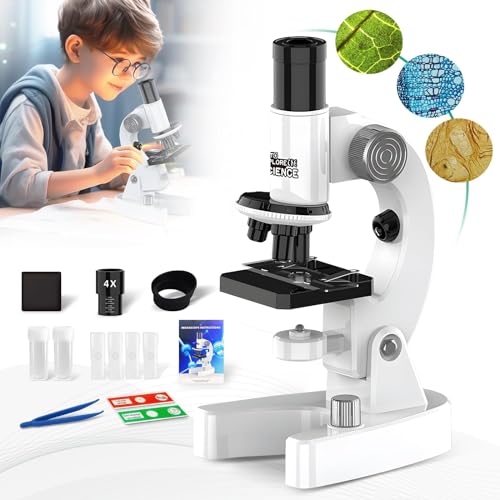 KASTWAVE Microscope for Kids 200x-4800x with Slides and Accessories Kids Beginner Science Kit White LED Plastic and Metal