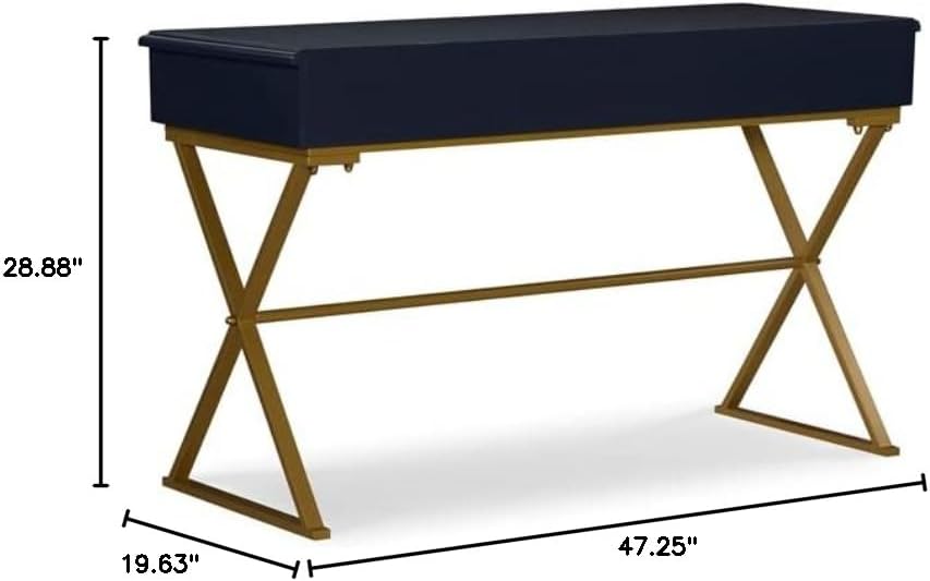Linon Campaign Two Drawer Desk Gold Metal Criss Cross Legs Top in Blue Wood