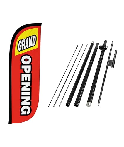 Image of LookOurWay Feather Flag Pole Kit - 7 Feet Tall Advertising Banner with Fiberglass Pole Set and Ground Spike for Business Promotion - Open Flags - Grand Opening Red & Yellow
