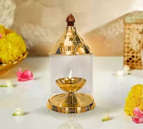 Image of DSH Brass Akhand Diya Decorative Brass Glass Oil Lamp and Tea Light Holder for Diwali Pooja and Gift Item. (XL)