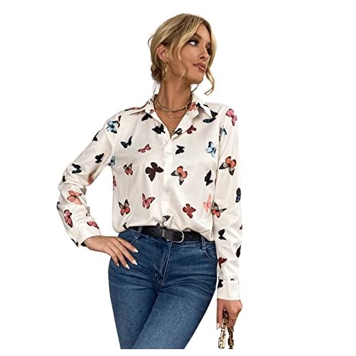 Floerns Women's Satin Long Sleeve Button Up Blouse Work Office Silky Shirts Tops White Butterfly XL