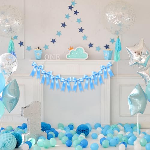 Image of 1 String of 8PCS Blue Bow Garland Banner Decoration,Pre-Strung Satin Ribbon Ornaments for Birthday,Bachelorette Party,Bridal Shower,Wedding,Engagement,Baby Shower,Graduation Decor,Anniversary
