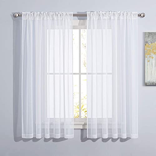 PONY DANCE Sheers Curtains for Kitchen - Rod Pocket & Back Tab Linen Natural White Voile Drapes Semi-Sheer Drapes Curtains for Bedroom, 55 W x 63 L, 2 Panels