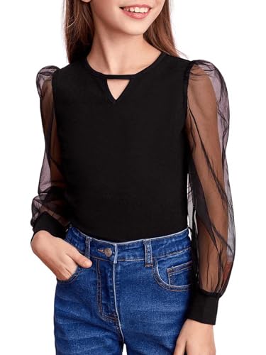 WDIRARA Girl's Cut Out Round Neck Mesh Puff Long Sleeve Blouse Casual Top