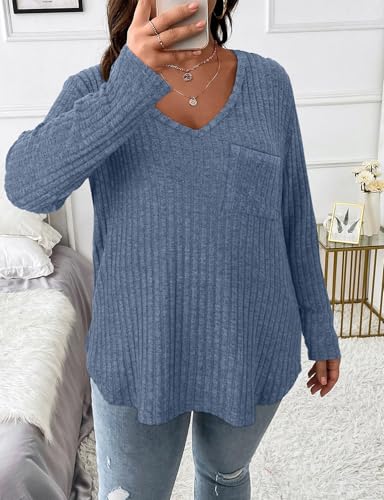 Image of Koscacy Women Plus Size Casual Knit Sweater with Pocket V Neck Solid Color Tops Lightweight Long Sleeve Blouses