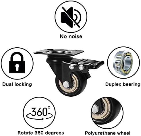 Castor Wheels 50mm,4 Moving Caster Wheels with Brake Heavy Duty Swivel Wheels for Furniture Trolley Wheels with PU Rubber Heavy Duty Castors for Furniture