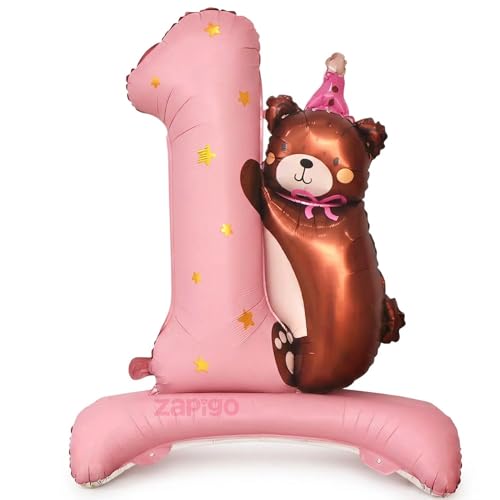 Image of Balloonistics Number 1 Self-Standing Pink Foil Balloon with Teddy Bear | 1st Birthday Baby Girl Decoration | First Birthday Pink Balloon | No Helium Needed