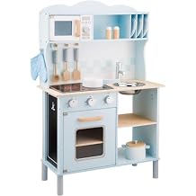 New Classic Toys Blue Wooden Pretend Play Toy Kitchen for Kids with Role Play Bon Appetit Electric Cooking Included Accesoires Makes Sound
