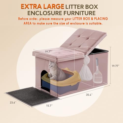 MEEXPAWS Cat Litter Box Enclosure Furniture Hidden Extra Large, Lift Design Lid Velvet Cat Washroom Bench Storage Cabinet|36 x 20 x 20 in|Dog Proof|Urine Proof Inside|Quick Assembly| Easy Clean(Pink)