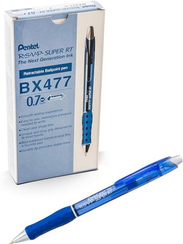 Pentel RSVP Super RT Ballpoint Pen, (0.7mm) Fine Line, Blue Ink, Box of 12 (BX477-C)