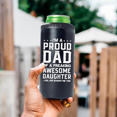 Image of SANDJEST 4-in-1 Dad Tumbler Gifts for Dad from Daughter - 12oz Funny Proud Dad Can Cooler Tumblers Cup - Stainless Steel Insulated Cans Coozie Travel Mug Christmas, Birthday, Father's Day Gift