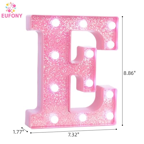 Image of Pink Marquee Light Up Letters, Glitter Alphabet LED Letter Lights for Pink Birthday Party Decorations, Battery Operated Letter Sign for Girls Room Vanity Table Decor, Cool White Lights Letter E