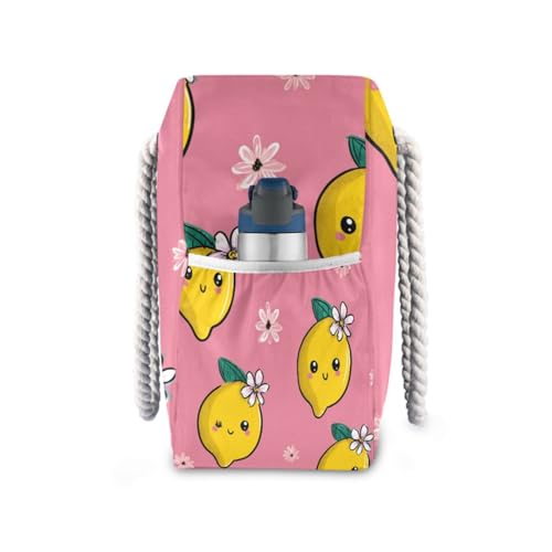 OTVEE Lemons and Pink Flower Pattern Beach Bags for Women Ladies Large Canvas Tote Shoulder Bag Waterproof Travel Bags for Gym Swim Pool Camping3