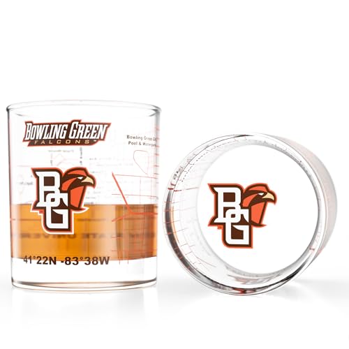 Image of Greenline Goods Bowling Green University Falcons Whiskey Glasses Set of 2, 10 oz Rocks Glasses with Full-Color Logo & Campus Map - Officially Licensed Bourbon Glass Gift for Alumni & Fans