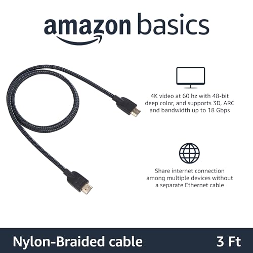Amazon Basics HDMI Cable 3ft, 4K HDMI 2.0 Cord (18Gbps), Nylon-Braided, 4K@60Hz, 2160p, 48 bit, Compatible with TV/PS5/Xbox/Roku, Black & Blue