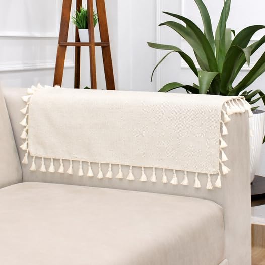 Image of STITCHNEST Jute Sofa Arm Cover with Tassels | Elegant Textured Hand Rest Protector | Durable & Long-Lasting | 18 x 22 Inches