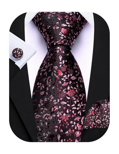 Image of Barry.Wang Flower Ties for Men Silk Woven Floral Tie Sets Necktie Handkerchief Cufflinks Wedding Party