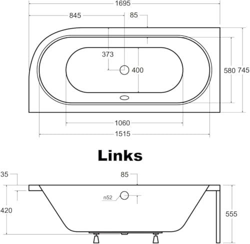 VBChome Badewanne 170x75 cm Acryl SET Schürze Siphon Wanne Ecke Eckbadewanne Antirutsch Weiß Design Modern Ablaufgarnitur Viega Simplex für 2 Personen (170x75 link)