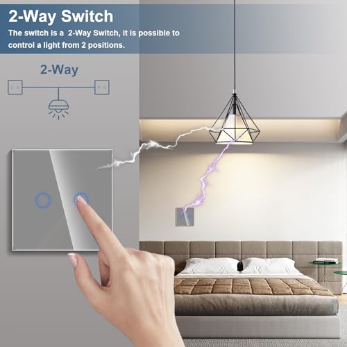 CNBINGO Touch Wechselschalter unterputz in Grau, Lichtschalter mit Status-LED und Glas Panel - Image 4