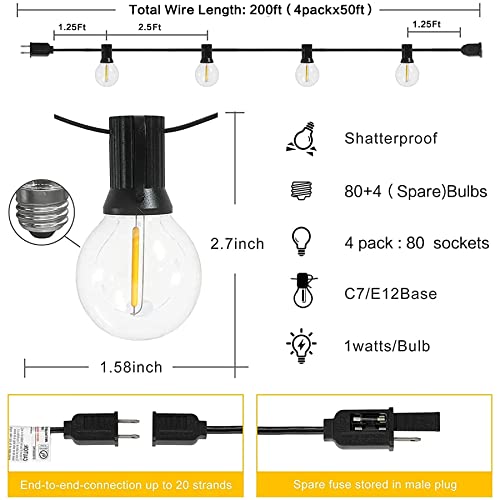 Outdoor String Lights 200Ft 4Packx50Ft Outdoor Lights With Waterproof Shatterproof 84 Led Bulbs(4 Spare)Connectable Patio Lights For Indoor Outdoor Backyard Garden Porch Party Led Outdoor String Light #TOP4