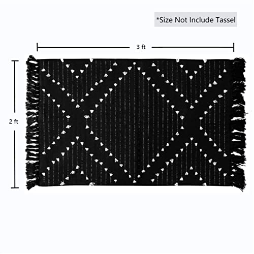 Livebox Boho Bathroom Rug 2' X 3' Washable Black Rug Small Moroccan Throw Rug For Bath,Cotton Woven Area Rug Carpet With Tassel For Entryway Kitchen Sink Front Door #TOP1