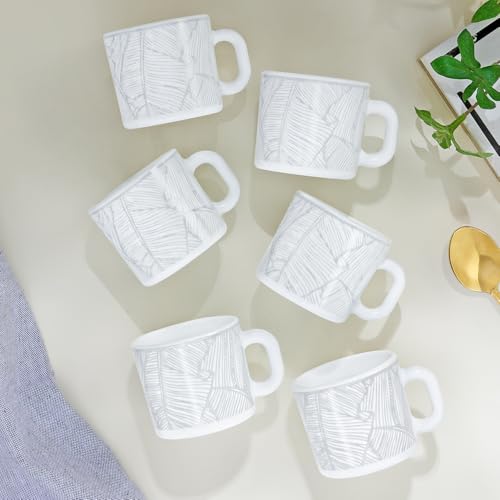 Image of Larah by BOROSIL 100ml x 6pc Opalware Ivy Tea /Coffee Mug Set, Microwave & Dishwasher Safe Embossed Design Crockery Set Ideal for Daily Use & Gifting