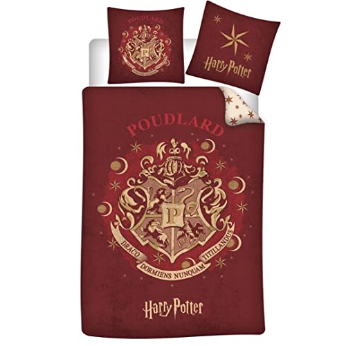 Housse de Couette Harry Potter Poudlard Réversible - Parure de Lit 100% Coton 140x200 cm + Taie d'oreiller 65x65 cm - Certifiée Oeko-Tex Standard 100 -...
