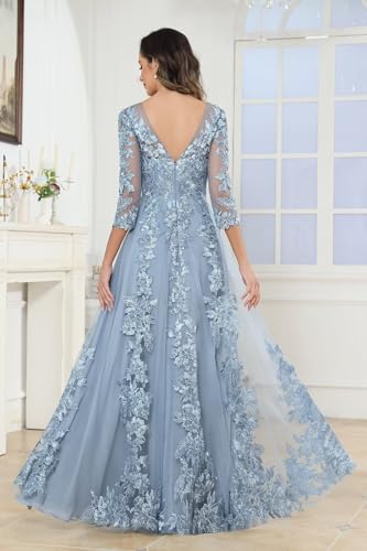 Sukleet Tulle Lace Mother of The Bride Dress for Women 3/4 Sleeves Scoop A Line Long Formal Evening Dress2
