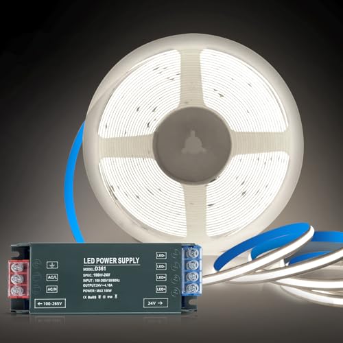 KSIBNW COB LED Strip 24V 5M, Cool White 6000K LED Strips Lights Kit 8mm Width Tape Lights Flexible CRI90+ Uniform Dotless with 24V Power Supply 100W Transformer for Cabinet Kitchen Mirror