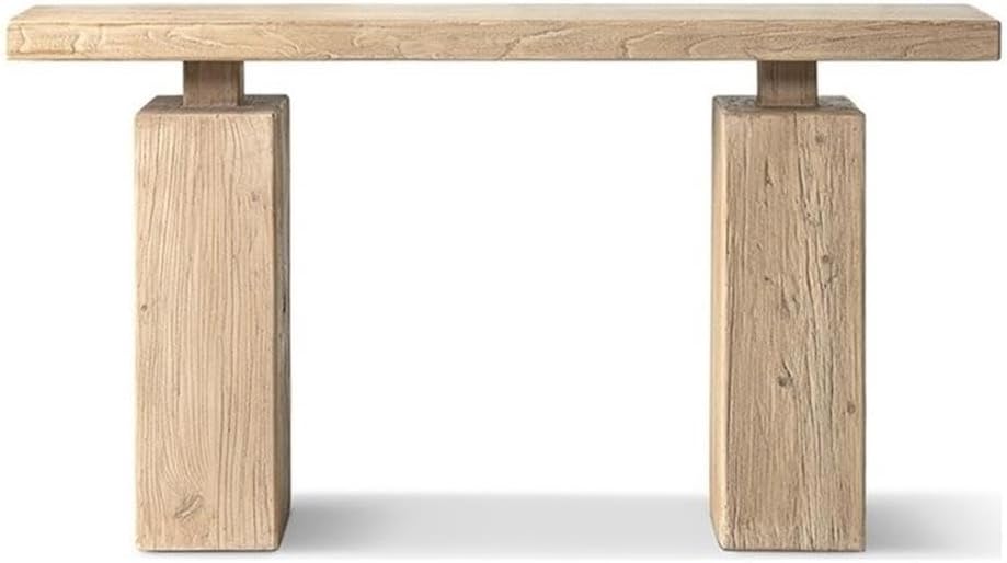 Pemberly Row 60" Reclaimed Elm Console Table, Solid Wood Construction, Light Natural Brown Finish, Plinth Design with Pedestal Base, Architectural Style for Entryway, Hallway, or Living Space