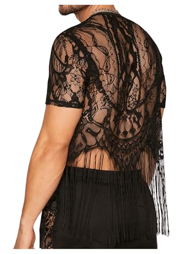 SHENHE Men's Sheer Floral Lace Fringe Short Sleeve Crewneck Cropped Tee Party Shirt Top2