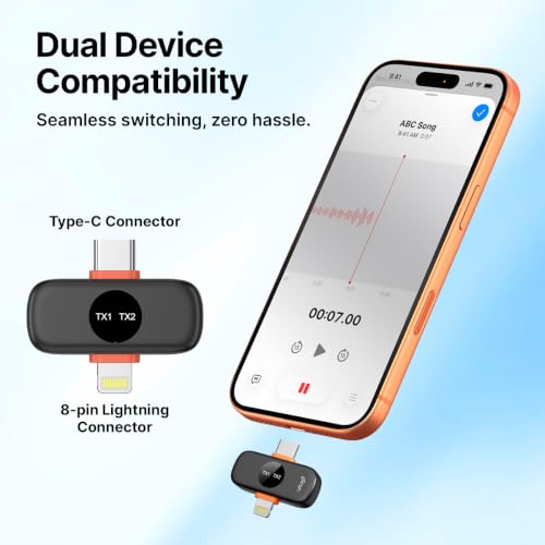 Image of pTron KWM5 Wireless AI-Noise Cancellation Microphone, DSLR Camera Receiver, Type-C & iOS Receiver, 2.4GHz, 360 Sound Capture, 120m Range, 60hrs Battery, Clip-on Mic for Interviews & Vlogging (Sable)