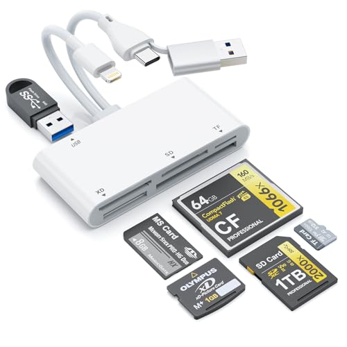 SD Card Reader for iPhone/iPad with Lightning, Type-C, and USB-A Connectors; Compatible with SD/TF/XD/CF/MS Cards; Multi-Card Reader for Windows, Mac, Android, iPhone/iPad (White)