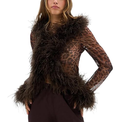 Mandonce Mesh Long Sleeve Tops Faux Fur Fuzzy Top Open Front Sexy Party Tops Going Out Y2k Shirts for Women Leopard