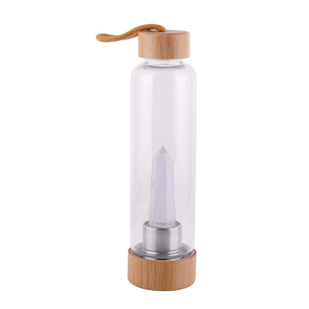Botella de agua de cristal de cuarzo con tapa de bambú, botella de agua de cristal natural for hacer agua con infusión de piedras preciosas curativas, con bolsa for taza/60/1083 ( Color : Clear quartz