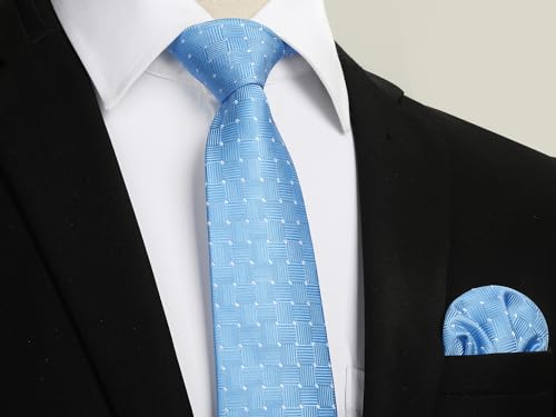 Image of Enlision Ties for Men Plaid Stripe Tie Handkerchief Woven Classic Formal Necktie Pocket Square Clip Set