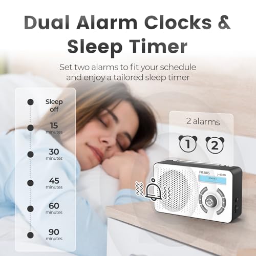 PRUNUS J-408 Przenośne radio cyfrowe Dab/Dab+ z akumulatorem 2000 mAh, radio FM Dab Plus z Bluetooth, podwójny budzik, timer czuwania, USB-C, 40 wstępnie ustawionych stacji