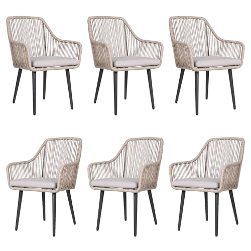 S Set Of 6, 6 Pieces Woven Rope Patio Chairs With Armrest And Seat Cushions For Outside Porch, Balcony Or Indoor Dining Kitchen, Restaurant, Tan