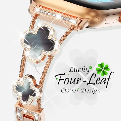 Four-Leaf Clover Band for Apple Watch Band 46mm with Full Diamond Protective Case Built-in Tempered Glass Screen Protector for Apple Watch Series 11 10 for Women, Rose Gold/Black Pearl Shell by KADES - Image 3