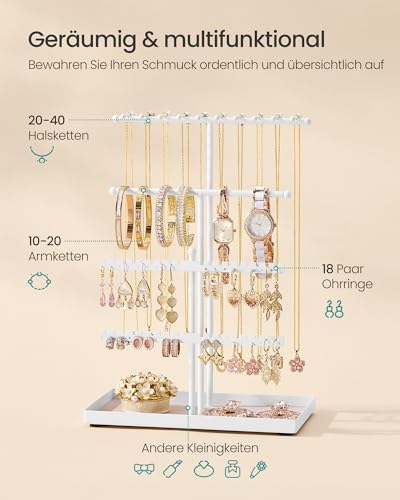 SONGMICS Schmuckständer, Schmuckhalter, Metallrahmen, Schmucktablett Samt, Schmuckaufbewahrung für Halsketten Armbänder Ohrringe Ohrstecker Ringe, Geschenkidee, mattweiß JJS036WG03