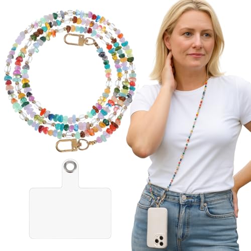 OIXEYA 1 x Cordón Universal para Móvil con Patch, Hilo Antiperdido de Cristal Colorido y Colgante de Piedra Natural, Compatible con Smartphones, para Mujeres y Niñas