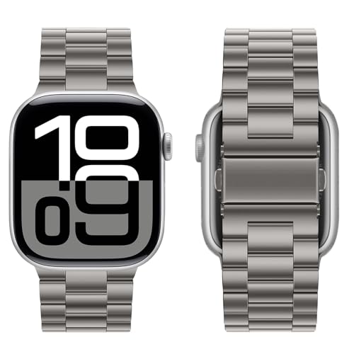 Image of HITZEE Compatible with Apple Watch Band 46 /45 /44 /42mm Business Stainless Steel Metal Strap Men Women Link Bands Compatible for iWatch SE3-1 Series 11 10 9 8 7 6 5-1, 42 /44 /45 /46mm Titanium