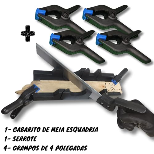 Kit Gabarito Caixa Meia Esquadria Serrote + Kit 4 Grampos de 4 Polegadas Corta Ângulos Serra 300mm P