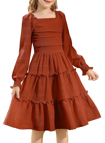 HOZIY Girls Long Sleeve Dress Ruched Smocked Tiered Ruffle A-Line Casual Boho Teen Dresses with Pocket Size 6-16 Years