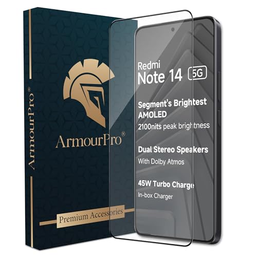 Image of ArmourPro Military Grade Gorilla Tempered Glass Screen Protector For Redmi Note 14 (6.67 Inch) With Edge-to-Edge Protector Coverage and Easy Installation Kit |Black